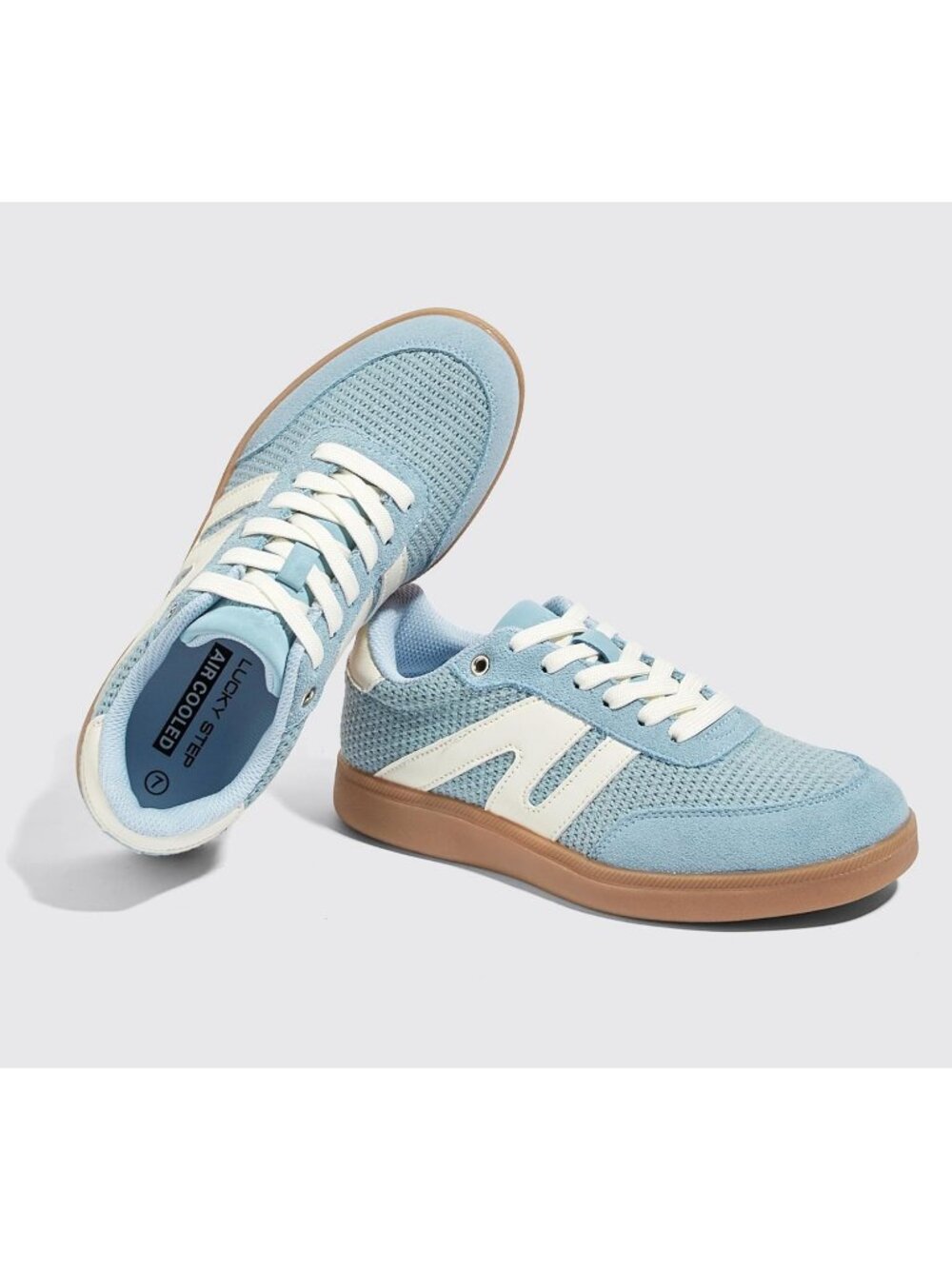 Women's Blue White Leather Lace Up Classic Retro Gum Sole Fashion Sneakers - Picture 6 of 6